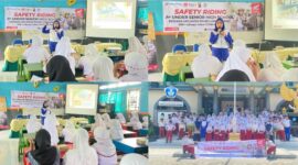 Suasana Tim Safety Riding Astra Motor NTB, Nila Riskayanti saat memberikan materi keselamatan berkendara dan berlalu lintas bagi adik-adik SDN 1 Labuapi.