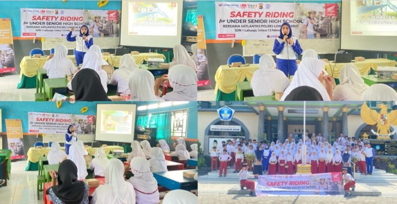 Suasana Tim Safety Riding Astra Motor NTB, Nila Riskayanti saat memberikan materi keselamatan berkendara dan berlalu lintas bagi adik-adik SDN 1 Labuapi.