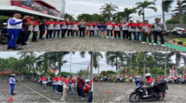 Suasana pelatihan keselamatan berkendara bagi karyawan JNE yang diselenggarakan oleh Astra Motor NTB bekerja sama dengan Satlantas Polres Lombok Barat, di Main Dealer Astra Motor NTB.