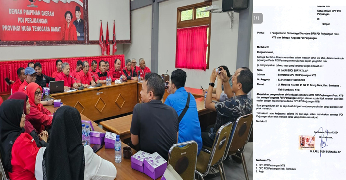 Wakil Ketua DPD PDIP NTB, H Ruslan Turmuzi bersama jajaran pengurus saat memberikan keterangan pers di Kantor DPD PDIP NTB, Kamis (18/4/2024)-(foto kiri), dan Surat Pengunduran Diri HL Budi Suryata sebagai Sekretaris DPD PDIP NTB (foto kanan).