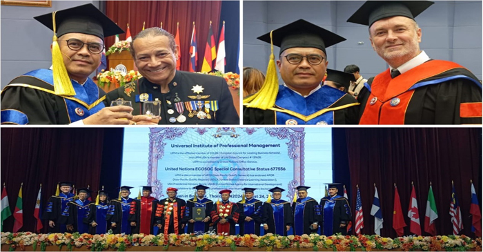 Sekretaris DPD PJS Daerah Khusus Jakarta, Muhamad Ied saat menerima secara resmi anugerah gelar Doktor Honoris Causa (HC) dalam Bidang Social Innovation and Robotic Science Advancement oleh Universitas Internasional PBB Malaysia (UIPM) dalam acara wisuda yang berlangsung di Chulabhorn Research Institute, Bangkok, Thailand, pada Sabtu (24/8/2024).