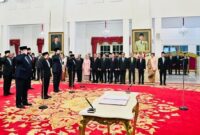 DILANTIK: Suasana pelantikan para menteri Kabinet Merah Putih oleh Presiden Prabowo Subianto, di Istana Negara Jakarta, Senin (21/10/2024).