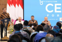 Presiden Jokowi saat menyampaikan sambutan pada acara Kompas100 CEO Forum 2024 yang digelar di Istana Garuda, di Ibu Kota Nusantara (IKN), pada Jumat (11/10/2024).