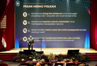 Menko Polkam RI, Budi Gunawan saat menjadi pembicara kunci dalam acara Peluncuran Dokumen I-KHub BNPT Counter Terrorism and Violent Extremism (CT/VE) Outlook Tahun 2024, yang digelar BNPT, di Auditorium Perpustakaan Nasional Indonesia, Jakarta, Selasa (3/12/2024).