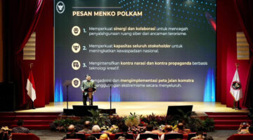 Menko Polkam RI, Budi Gunawan saat menjadi pembicara kunci dalam acara Peluncuran Dokumen I-KHub BNPT Counter Terrorism and Violent Extremism (CT/VE) Outlook Tahun 2024, yang digelar BNPT, di Auditorium Perpustakaan Nasional Indonesia, Jakarta, Selasa (3/12/2024).