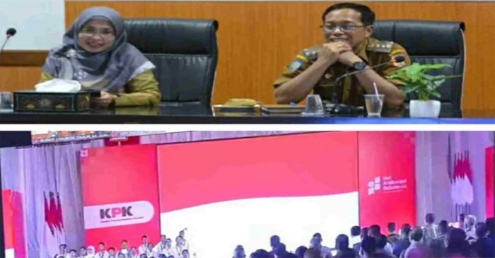 Pj Bupati Lotim, HM Juaini Taofik saat mengikuti acara peringatan Hari Antikorupsi Sedunia melalui platform zoom dari Rupatama Kantor Bupati Lotim, Senin (9/12/2024).