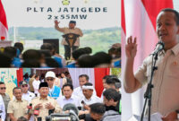 Presiden Prabowo Subianto saat memberikan sambutan (foto kiri atas), Presiden Prabowo Subianto saat memberikan keterangan pers (foto kiri bawah), dan Menteri ESDM, Bahlil Lahadalia (foto kanan).