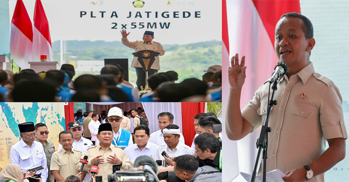 Presiden Prabowo Subianto saat memberikan sambutan (foto kiri atas), Presiden Prabowo Subianto saat memberikan keterangan pers (foto kiri bawah), dan Menteri ESDM, Bahlil Lahadalia (foto kanan).