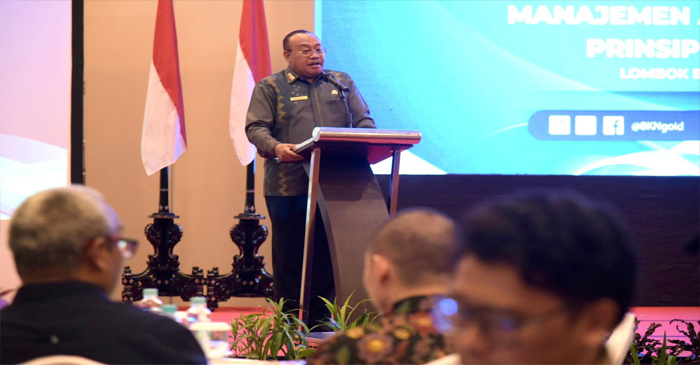 Sekda NTB, HL Gita Ariadi saat memberi sambutan dalam acara FGD yang diselenggarakan oleh BKN RI, di Hotel Merumata Senggigi, Kabupaten Lombok Barat (Lobar), Kamis (16/1/2025).