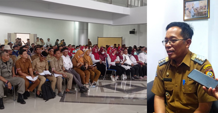 Terlihat ratusan perwakilan aksi demonstrasi ASN PPPK dan tenaga Honda, di Ball Room Kantor Bupati Lotim (foto kiri), dan Pj Bupati Lotim, HM Juaini Taofik (foto kanan).