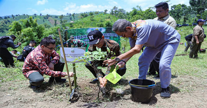 Suasana saat melakukan tanam serentak Agroforestry Pangan (Padi Lahan Kering dan Tanaman Produktif Kehutanan Mpts) bersama Ditjen Pengelolaan DAS dan Rehabilitasi Hutan, di KSU Lembah Jaya, Desa Kabul, Kecamatan Praya Barat Daya, Kabupaten Lombok Tengah, Selasa (4/2/2025).