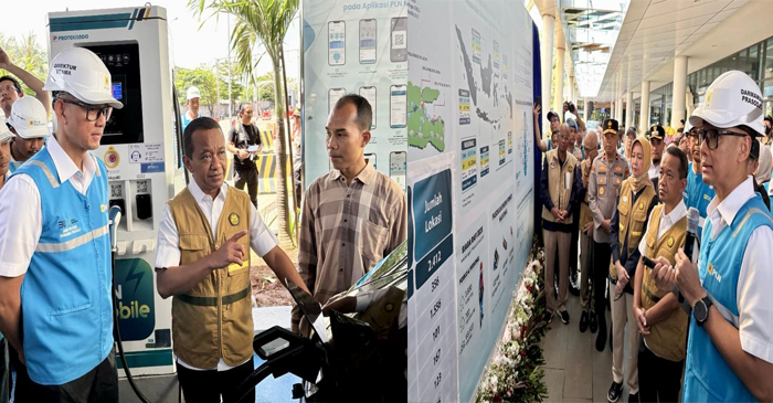 Menteri ESDM, Bahlil Lahadalia (tengah) didampingi Dirut PLN, Darmawan Prasodjo (kiri) berbincang dengan salah satu pengguna kendaraan listrik, Daniel (kanan) dan melakukan simulasi charging kendaraan listrik di SPKLU Pelabuhan Merak, Banten (foto kiri); Menteri ESDM, Bahlil Lahadalia (kedua dari kanan) menerima penjelasan walking gallery oleh Dirut PLN, Darmawan Prasodjo (kanan) terkait kondisi kelistrikan dan infrastruktur charging EV di SPKLU Pelabuhan Merak, Banten (foto kanan).