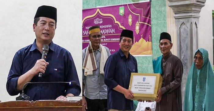 Gubernur NTB, Lalu Muhammad Iqbal saat memberikan paket bantuan kepada lansia di Desa Lunyuk Rea, Kecamatan Lunyuk, Kabupaten Sumbawa (foto kanan).