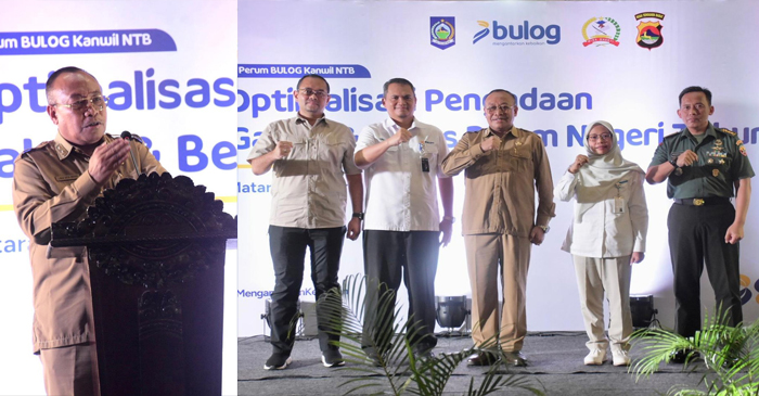 Sekda NTB, HL Gita Ariadi mewakili Gubernur NTB, Lalu Muhamad Iqbal saat kegiatan optimalisasi pengadaan gabah beras dalam negeri (DN) bersama mitra pengadaan pangan (MPP), di Gudang Perum Bulog Kanwil Provinsi NTB, Selasa (11/3/2025).