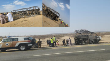 Ini bus yang mengangkut penumpang jemaah umroh Indonesia yang mengalami kecelakaan di Wadi Qudeid (Madinah-Mecca Road) berjarak sekitar 150 km dari Kota Jeddah.