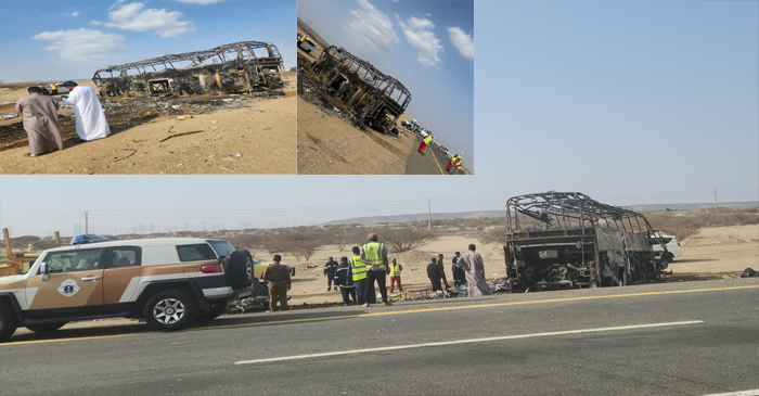 Ini bus yang mengangkut penumpang jemaah umroh Indonesia yang mengalami kecelakaan di Wadi Qudeid (Madinah-Mecca Road) berjarak sekitar 150 km dari Kota Jeddah.