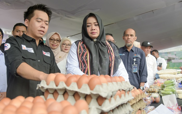 Wagub NTB, Hj Indah Dhamayanti Putri saat meninjau bahan pokok masyarakat yang tersedian di Gerakan Pangan Murah (GPM), yang berlangsung di Halaman LPP TVRI NTB, Mataram (19/3/25).