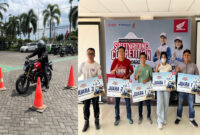 Peserta Regional Safety Riding Competition 2025 (foto kiri) dan para pemenang Regional Safety Riding Competition 2025 (foto kanan) yang digelar Astra Motor NTB.