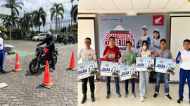 Peserta Regional Safety Riding Competition 2025 (foto kiri) dan para pemenang Regional Safety Riding Competition 2025 (foto kanan) yang digelar Astra Motor NTB.