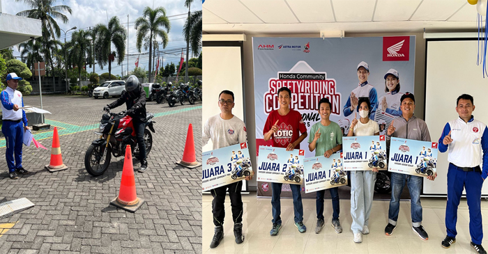 Peserta Regional Safety Riding Competition 2025 (foto kiri) dan para pemenang Regional Safety Riding Competition 2025 (foto kanan) yang digelar Astra Motor NTB.