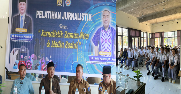 Anggota Komisi II DPR RI Fraksi NasDem, H. Fauzan Khalid saat menyerap aspirasi dan membuka secara resmi kegiatan pelatihan jurnalistik siswa-siswi SMK Negeri 1 Lingsar.