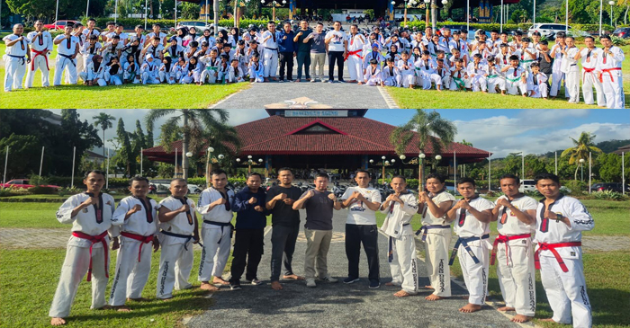 Atlet Tarung Derajat Kabupaten Lombok Barat pose bersama usai latihan di Bencingah Agung, Kompleks Kantor Bupati Lombok Barat.