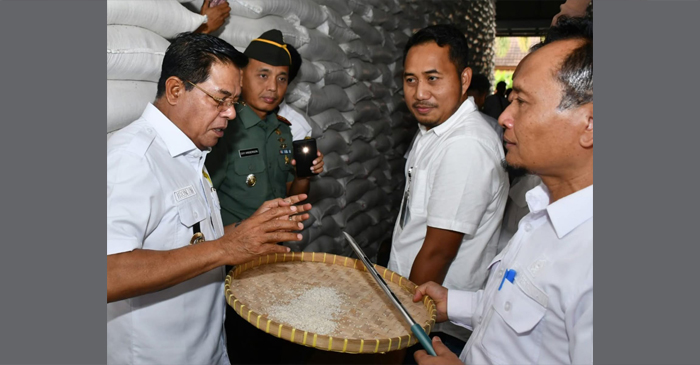 Bupati Lotim, H Haerul Warisin (kiri) saat memeriksa sample beras didampingi Plt Kadis Pertanian Lotim, L Kasturi (kanan).