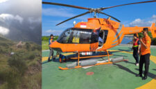 Helikopter SGi Air Bali (foto kanan), dan lokasi tempat terjatuhnya pendaki asal Belanda (foto kiri).