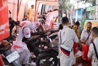 Astra Motor NTB saat melakukan kegiatan sosial dengan memberikan bantuan berupa paket servis gratis (foto kiri) dan paket sembako (foto kanan) di wilayah Kelurahan Kekalik Jaya.