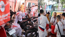 Astra Motor NTB saat melakukan kegiatan sosial dengan memberikan bantuan berupa paket servis gratis (foto kiri) dan paket sembako (foto kanan) di wilayah Kelurahan Kekalik Jaya.
