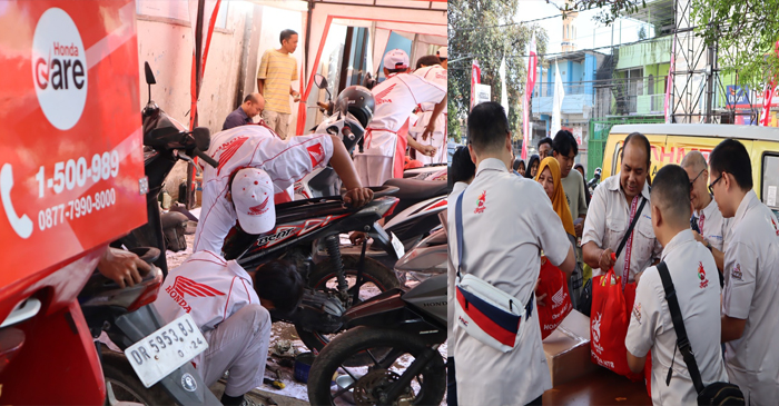 Astra Motor NTB saat melakukan kegiatan sosial dengan memberikan bantuan berupa paket servis gratis (foto kiri) dan paket sembako (foto kanan) di wilayah Kelurahan Kekalik Jaya.