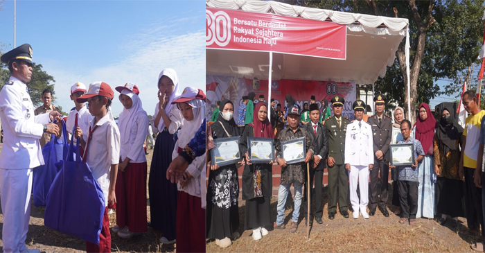 Camat Keruak, Azhar, S.Pd, saat menyerahkan bantuan perlengkapan sekolah kepada 15 anak usia sekolah (foto kiri), dan suasana pose bersama usai penyerahan penghargaan kepada lima orang penyandang disabilitas yang dinilai telah berkontribusi aktif dalam mengisi kemerdekaan melalui kegiatan positif dan pembangunan berbasis kelompok (foto kanan). 