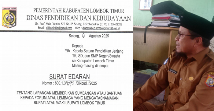 Kadis Dikbud Lotim, Izzuddin (foto kanan), dan Surat Edaran (foto kiri).