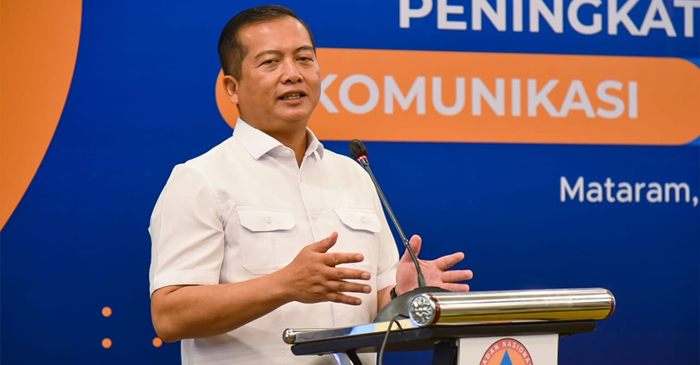 Gubernur NTB, Lalu Muhamad Iqbal saat memberikan sambutan pada acara Bimtek Peningkatan Efektivitas Komunikasi Risiko Bencana yang digelar BNPB, di Hotel Santika Mataram, Selasa (26/8/2025).