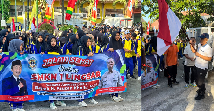Anggota Komisi II DPR RI, H Fauzan Khalid saat melepas para peserta jalan sehat (foto kanan), para peserta jalan sehat (foto kiri).