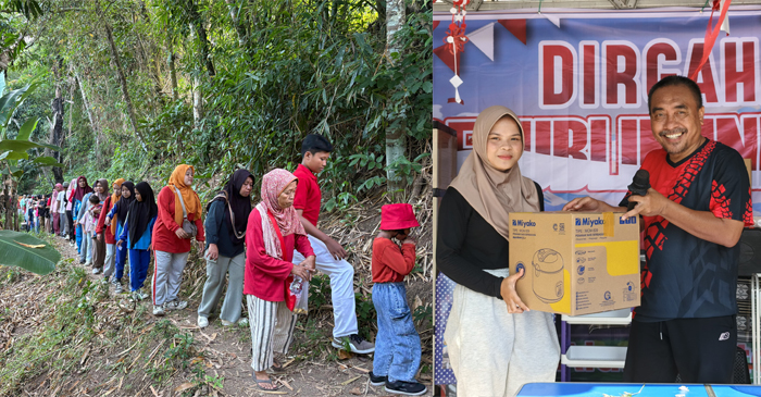 Suasana kegiatan lintas alam dalam rangka menyemarakkan HUT ke-80 Kemerdekaan RI (foto kiri), Tenaga Ahli Anggota Komisi II DPR RI H Fauzan Khalid, Moh Hafizni saat menyerahkan hadiah doorprize kepada peserta kegiatan lintas alam (foto kanan).  