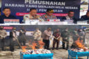 Suasana konferensi pers (foto atas), dan suasana pemusnahan barang ilegal (foto bawah).