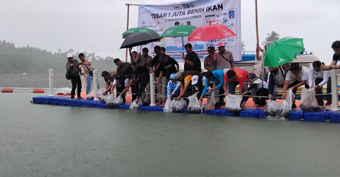 Suasana kegiatan lepas 1 juta benih ikan di Bendungan Meninting.