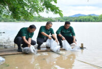 Bank NTB Syariah saat menggelar kegiatan penebaran bibit ikan di kawasan Bendungan Penyaring, Kabupaten Sumbawa.