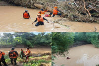 Tim SAR Gabungan saat mencari korban yang dilaporkan hilang terseret arus banjir di sungai wilayah Kelurahan Kumbe, Kecamatan Rasanae Timur, Kota Bima.