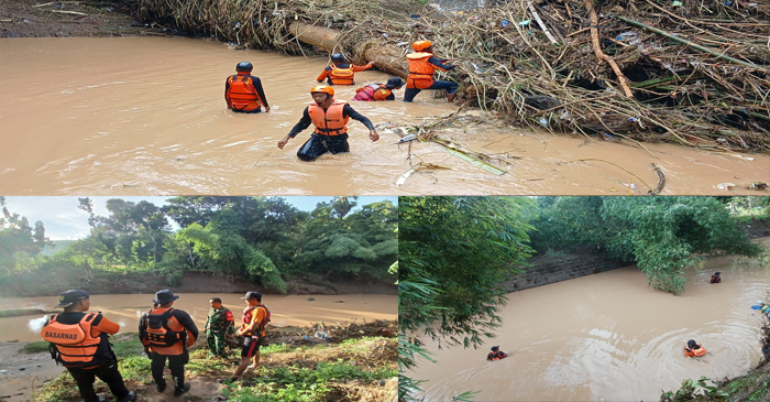 Tim SAR Gabungan saat mencari korban yang dilaporkan hilang terseret arus banjir di sungai wilayah Kelurahan Kumbe, Kecamatan Rasanae Timur, Kota Bima.