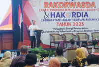 Gubernur NTB, Lalu Muhamad Iqbal, saat memberikan sambutan pada Rakorwasda sekaligus peringatan Hari Antikorupsi Sedunia, di Hotel Lombok Raya Mataram, Kamis (11/12/2025).