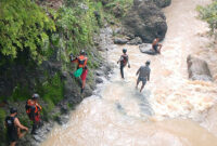 Tim SAR Gabungan saat mencari korban terseret arus sungai Melau.