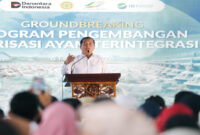 Gubernur NTB, Lalu Muhamad Iqbal saat memberikan sambutan pada acara peletakan batu pertama pembangunan industri perunggasan terintegrasi (integrated poultry industry) di Desa Srading, Kecamatan Moyo Hilir, Kabupaten Sumbawa, Jumat (6/2/2026).