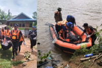 Tim SAR gabungan saat mengevakuuasi korban yang terseret arus banjir saat pulang dari ladangnya menuju rumah di Dusun Mangge Dalam.