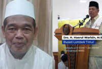 Ketua KBIHU Hamzanwadi NWDI Pancor, Ustadz H. Mursyidin (kiri), dan Bupati Lotim, H Haerul Warisin saat melepas CJH kloter 1 (kanan).