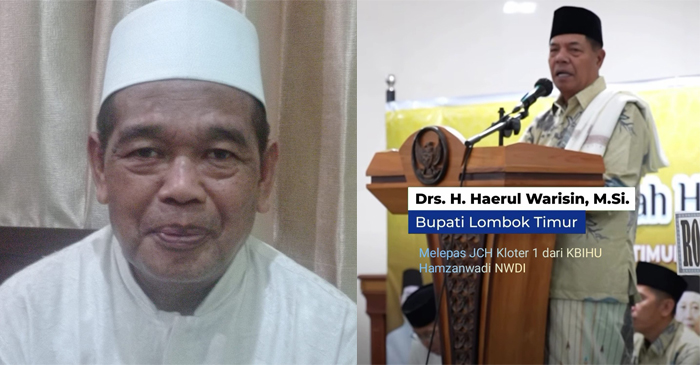 Ketua KBIHU Hamzanwadi NWDI Pancor, Ustadz H. Mursyidin (kiri), dan Bupati Lotim, H Haerul Warisin saat melepas CJH kloter 1 (kanan).