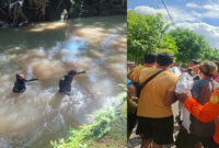 Tim SAR gabungan saat mencari remaja 13 tahun yang hanyut di sungai Kuripan.