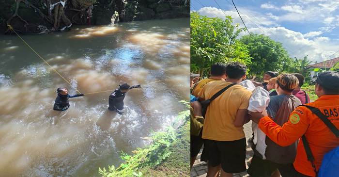 Tim SAR gabungan saat mencari remaja 13 tahun yang hanyut di sungai Kuripan.