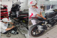 Terlihat petugas bengkel AHASS saat mengecek kondisi motor konsumen.